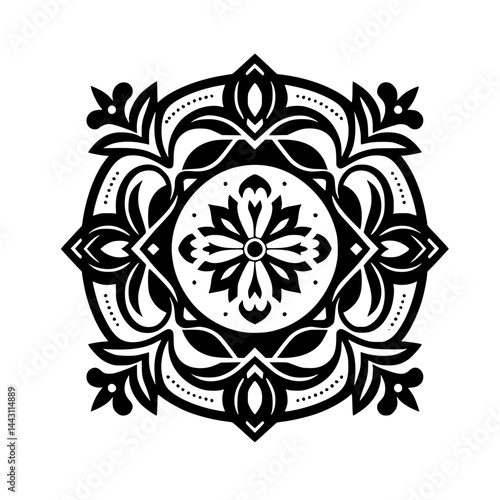Intricate Black and White Floral Mandala Design on White Background