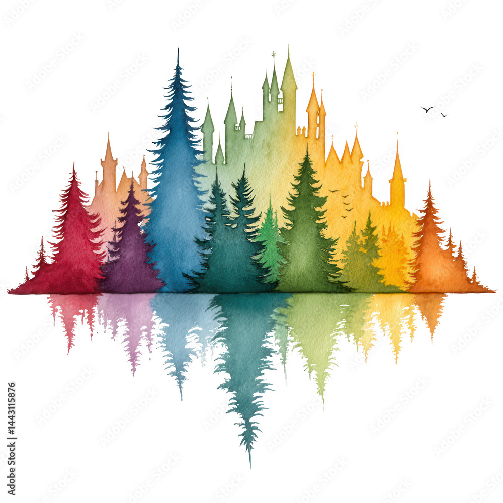 Obraz premium Colorful watercolor fairytale castle reflects beautifully in the water.