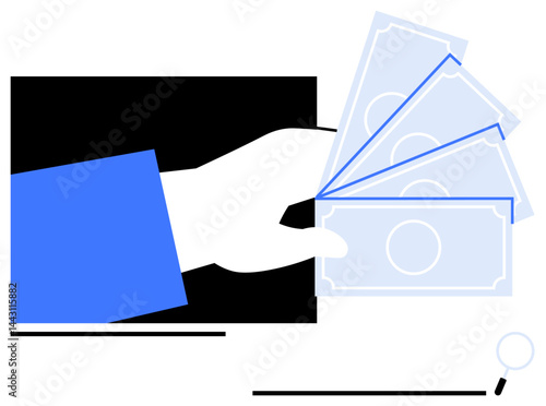 Hand extending several dollar bills, symbolizing money exchange, finance, or payment. Ideal for banking, payroll, ecommerce, lending spending wealth investment. Flat simple metaphor