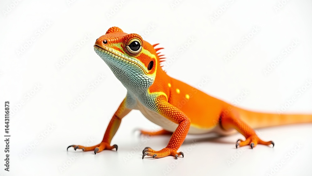 Fototapeta premium A vibrant orange and blue lizard with intricate details poses gracefully against a clean white background.
