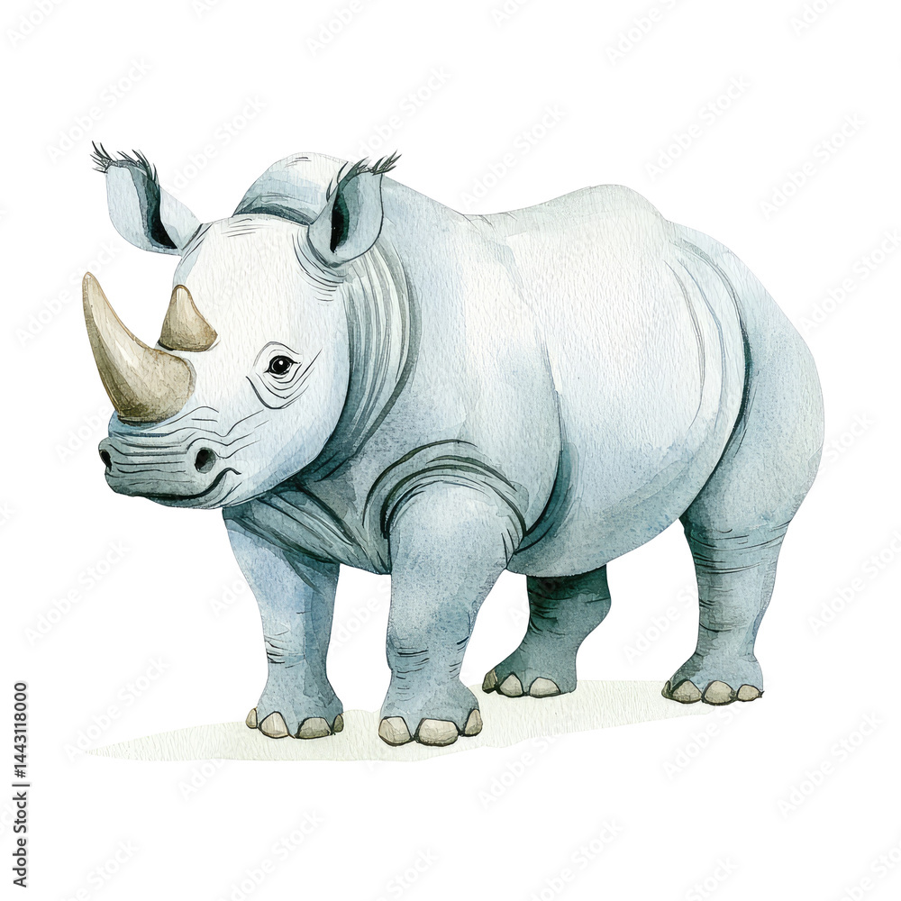 Fototapeta premium Isolated Rhinoceros in Watercolor Style with Detailed Features and Artistic Touch for Creative Projects