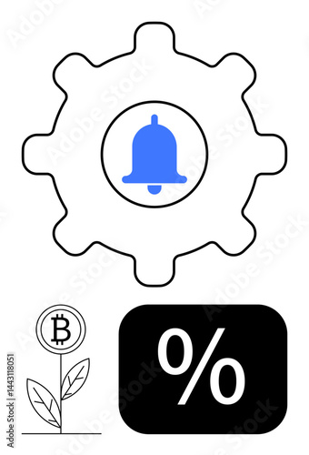 Gear with blue notification bell inside, Bitcoin plant growing, and percentage icon. Ideal for finance, cryptocurrency, investment alerts, growth, notifications fintech and saving. Flat simple