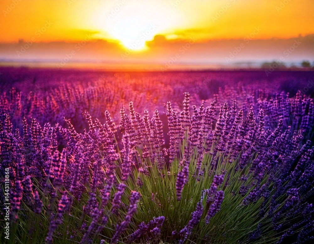 Naklejka premium Lavender flowers - Sunset over a summer purple lavender field . Bunch of scented flowers