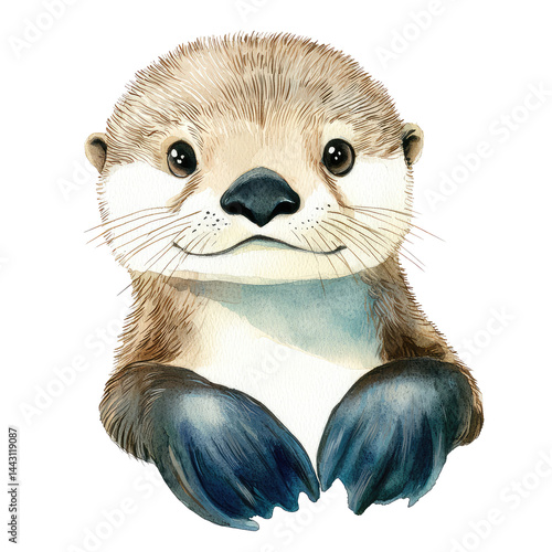 Charming Isolated Sea Otter Portrait with Bright Eyes and Playful Expression in Watercolor Style