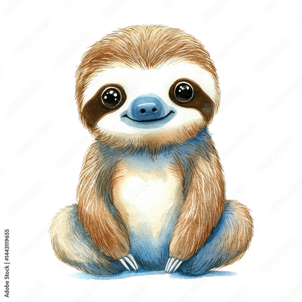 Fototapeta premium Cute isolated sloth character with big eyes and soft fur sitting in a joyful pose, ideal for children's illustrations and designs