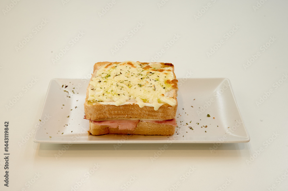 A sandwich with cheese on top of it. The sandwich is cut in half. The cheese is melted