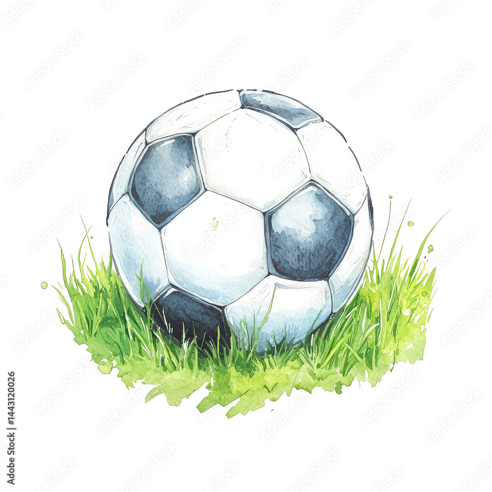 Obraz premium Isolated Soccer Ball on Grass, Hand-Drawn Illustration for Sports Themes, Games, and Creative Projects