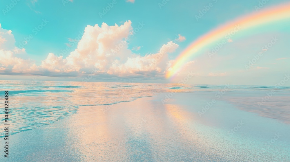 Serene beach scene with rainbow. Soft pastel colors, calm waves reflecting the sky, fluffy clouds. Tranquil coastal view Serene beach scene with rainbow. Soft pastel colors, calm waves reflecting the sky, fluffy clouds. Tranquil coastal view