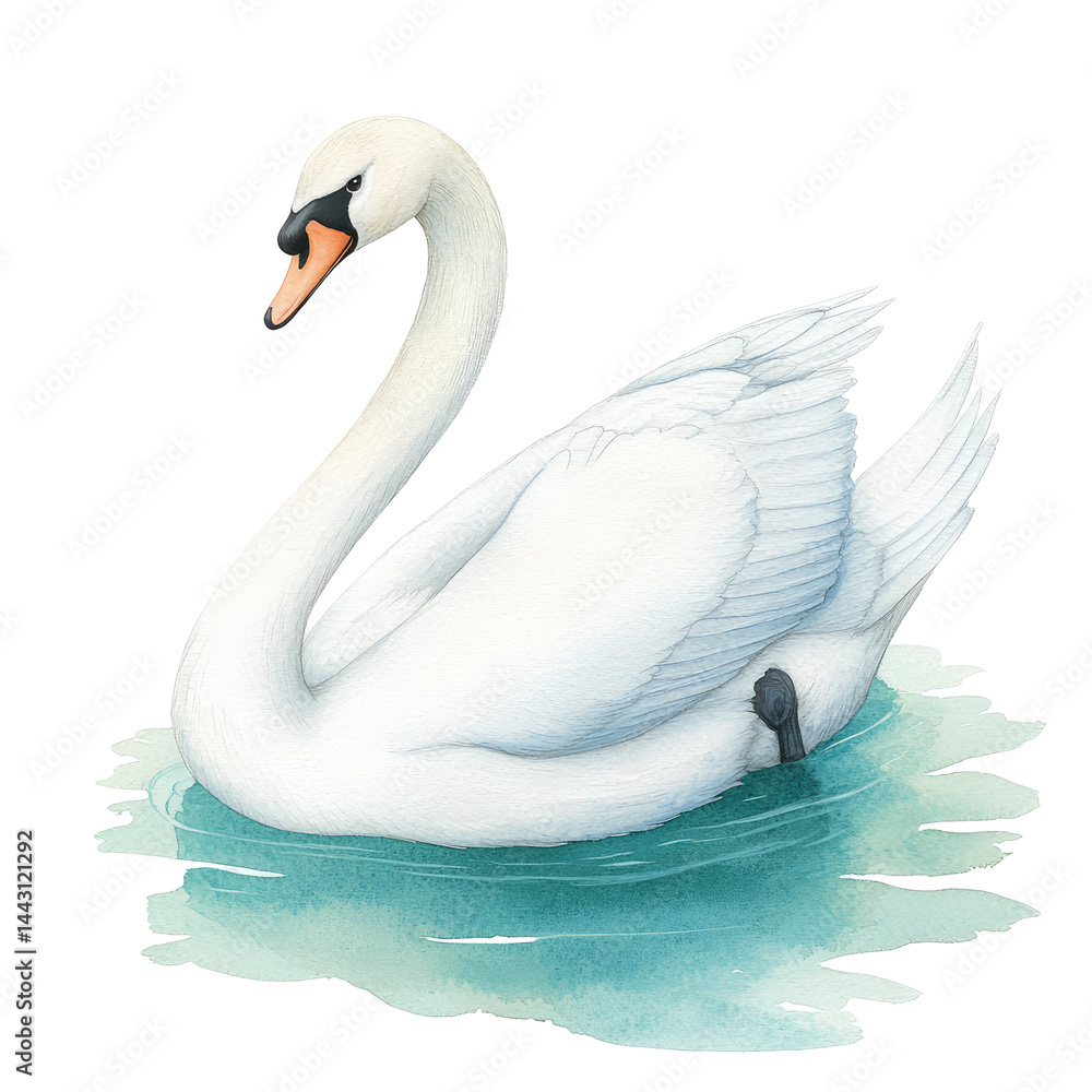 Fototapeta premium Elegant Isolated Swan Gracefully Gliding on Crystal Clear Water Surface in Serene Natural Setting