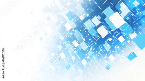 The image shows a flowing wave-like pattern of blue squares on a white background  creating depth  movement  and a modern geometric aesthetic.
