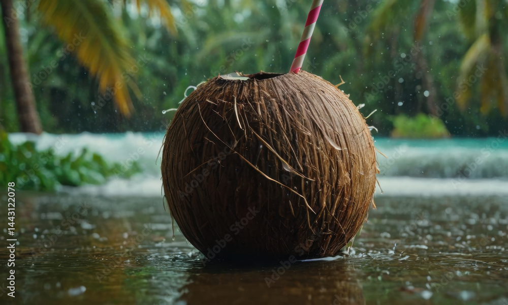 A refreshing coconut drink with a straw in the middle of the water, perfect for a hot day or outdoor activities
