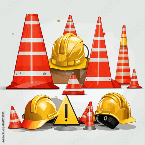 Construction Safety Illustration_ Featuring Traffic Cones_ Hard Hats_ and Warning Signs_ Ideal for Workplace Safety and Roadwork Awareness_ Ensuring a Safe Environment