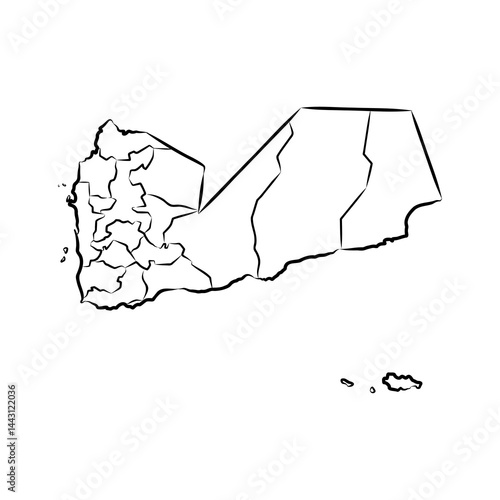 Minimalist black and white outline map of Yemen with internal region borders, simple vector illustration for geography, education, and design use