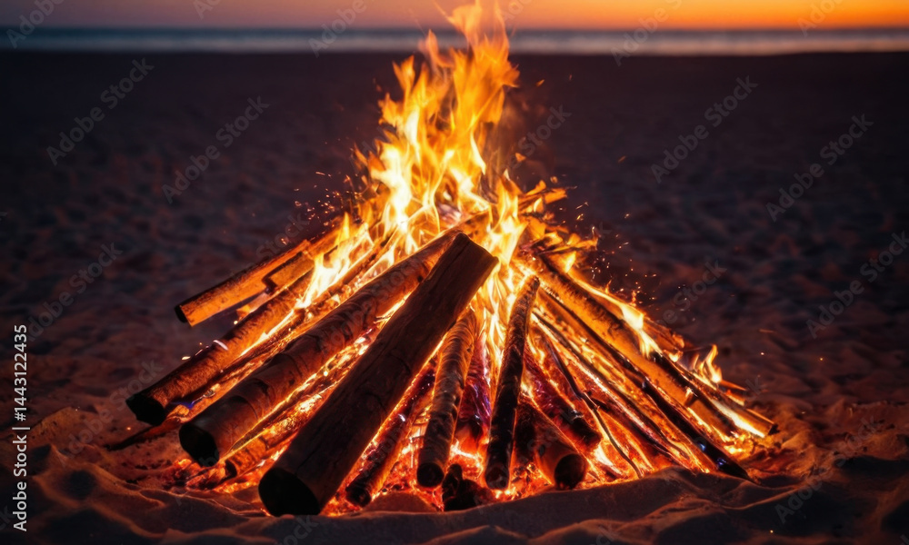 A campfire lit up on a sandy beach as the sun sets behind, casting warm orange hues