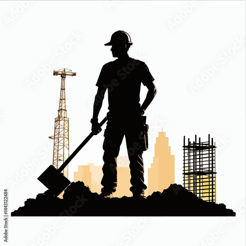 Construction_Worker_Silhouette_Holding_Shovel_Against_Cityscape_Hard_Hat_Construction_Site_Worker_with_Building_and_Tower_Image_Professional_Builder_on_the_Job