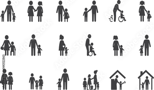 Family, relationship icon set. Vector glyph pictograms of couple, parent, child, elderly people, pregnancy, parenting, community, single mother, social care black silhouette