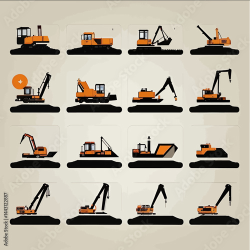 Orange and Black Construction Equipment Vehicles_ Heavy Machinery Icons for Building and Infrastructure Projects_ Excavators and Loaders Image Set