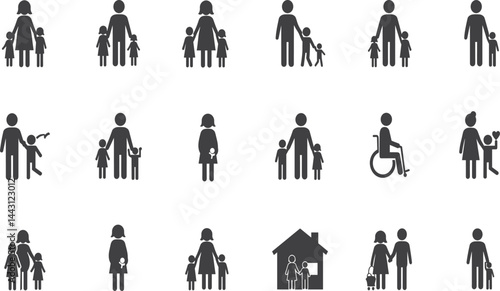 Family, relationship icon set. Vector glyph pictograms of couple, parent, child, elderly people, pregnancy, parenting, community, single mother, social care black silhouette