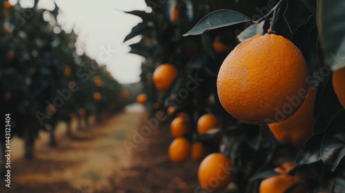 Close-up view of ripe oranges hanging from green leafy branches in a sunlit orchard with rows of citrus trees and a natural pathway, showcasing freshness, nature, and organic fruit in vivid color.