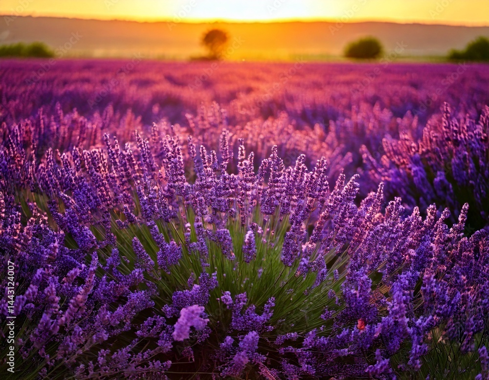 Obraz premium Lavender flowers - Sunset over a summer purple lavender field . Bunch of scented flowers 