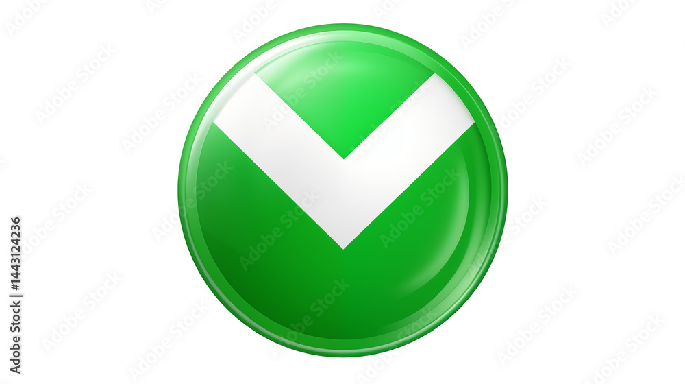 A glossy green orb with a white chevron pointing downwards in its center isolated on transparent background A glossy green orb with a white chevron pointing downwards in its center isolated on transparent background