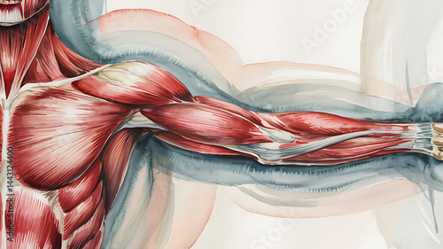 Colorful watercolor illustration of human arm muscles in detail
