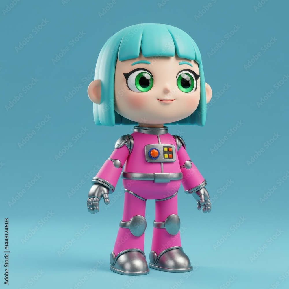 Girl Robot Character with Teal Hair and Pink Suit Girl Robot Character with Teal Hair and Pink Suit