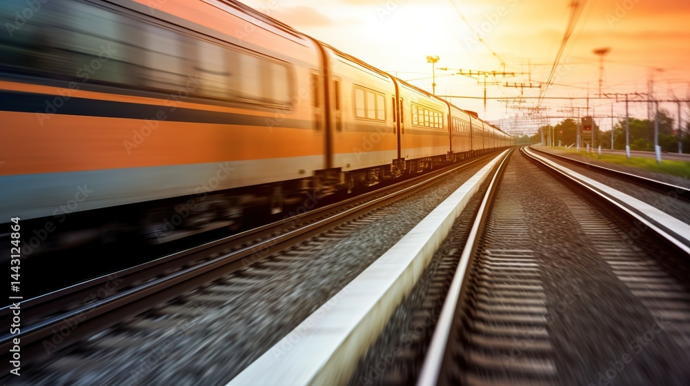 Fototapeta premium Train Speeding on Tracks Under Sunset