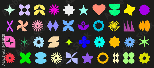 Abstract brutal shapes. Retro shapes. Basic brutal forms and figures in Y2K aesthetics, vintage stickers, logos, labels. Decorative design elements, vector illustration.