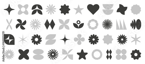 Abstract brutal shapes. Retro shapes. Basic brutal forms and figures in Y2K aesthetics, vintage stickers, logos, labels. Decorative design elements, vector illustration.