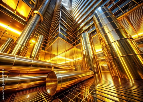 Shimmering Gold Lines & Metallic Cylinders: Abstract Tech Background