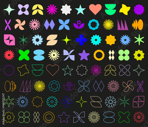 Abstract brutal shapes. Retro shapes. Basic brutal forms and figures in Y2K aesthetics, vintage stickers, logos, labels. Decorative design elements, vector illustration.