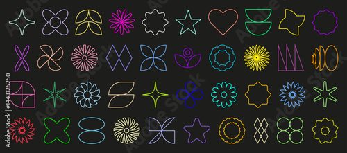 Abstract brutal shapes. Retro shapes. Basic brutal forms and figures in Y2K aesthetics, vintage stickers, logos, labels. Decorative design elements, vector illustration.