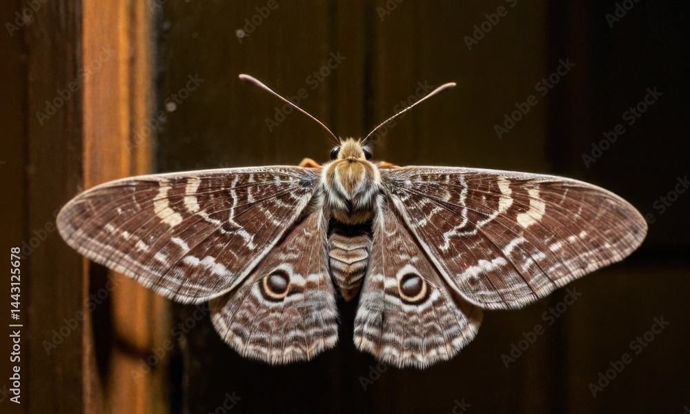 A close-up shot of a moth sitting on a wooden surface, with intricate details visible