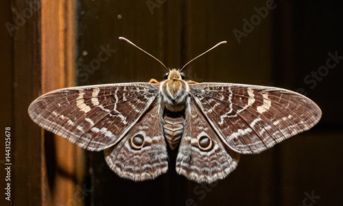 Obraz na płótnie A close-up shot of a moth sitting on a wooden surface, with intricate details visible w salonie