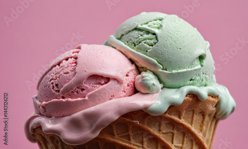 A colorful image of two scoops of ice cream placed inside a crispy waffle cone