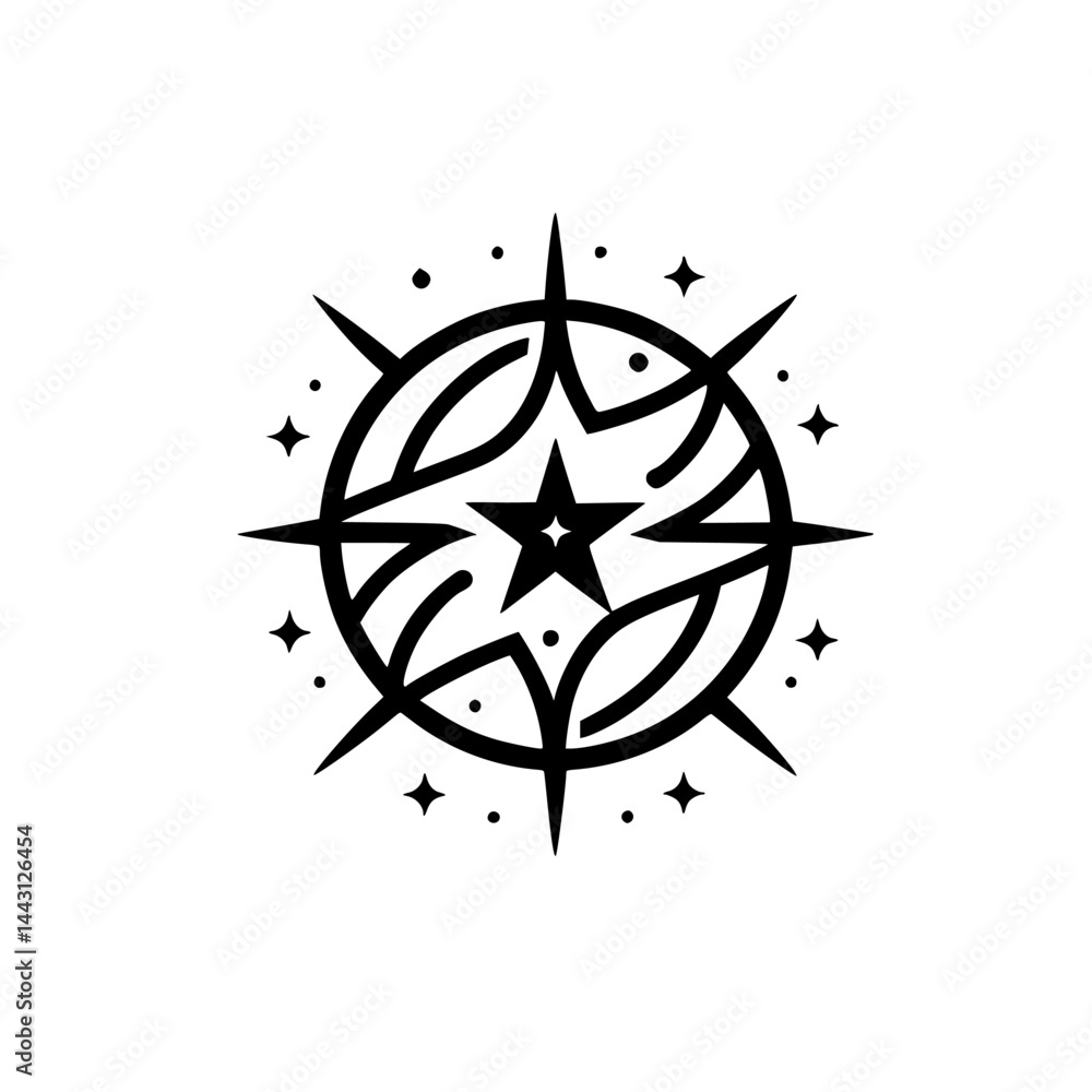 Starburst Mandala: Elegant Black and White Design on White Starburst Mandala: Elegant Black and White Design on White