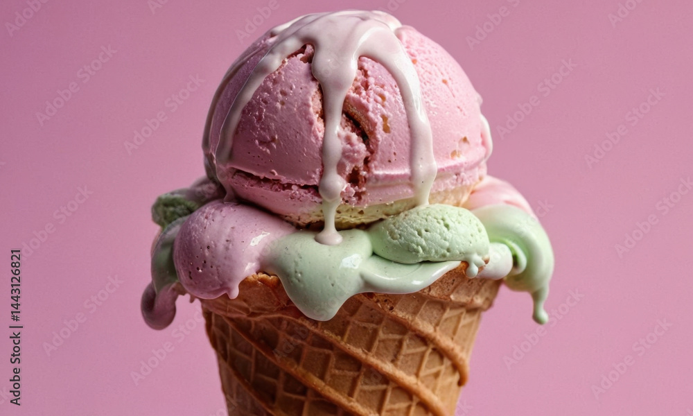 A colorful ice cream cone on a pink background