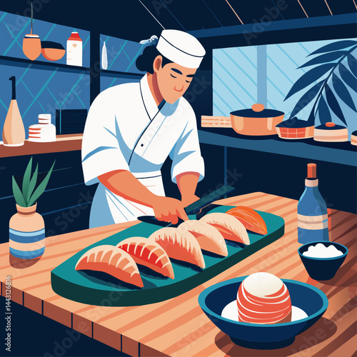 A man is cutting food in a restaurant. The restaurant is busy and has many people working. The man is wearing a white apron and is cutting food on a cutting board