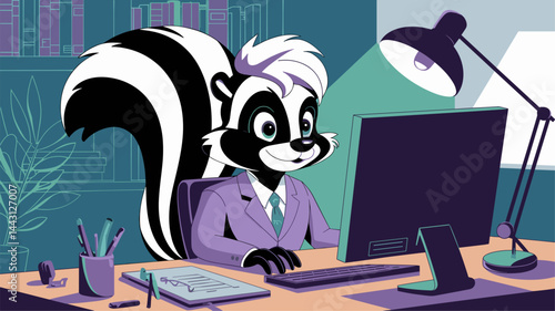 This vibrant vector illustration depicts a cartoon skunk character dressed in a suit, happily working at a desk. The modern office setting features a computer, bookshelves, and plants.
