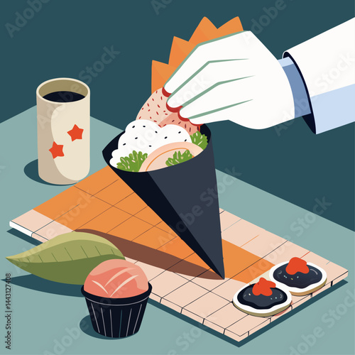 A hand is putting food into a cone on a table. The table has a cup, a bowl, and a plate with food. The image has a casual and relaxed mood, as it shows someone enjoying a meal