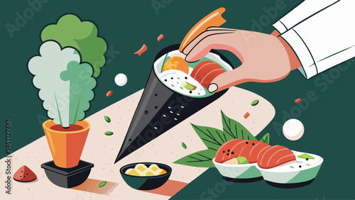 A hand is putting food into a cone on a table. The table has a cup, a bowl, and a plate with food. The image has a casual and relaxed mood, as it shows someone enjoying a meal