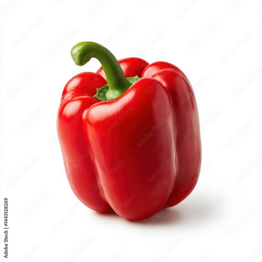 Isolated close up of a vibrant red bell pepper on a white surface Isolated close up of a vibrant red bell pepper on a white surface