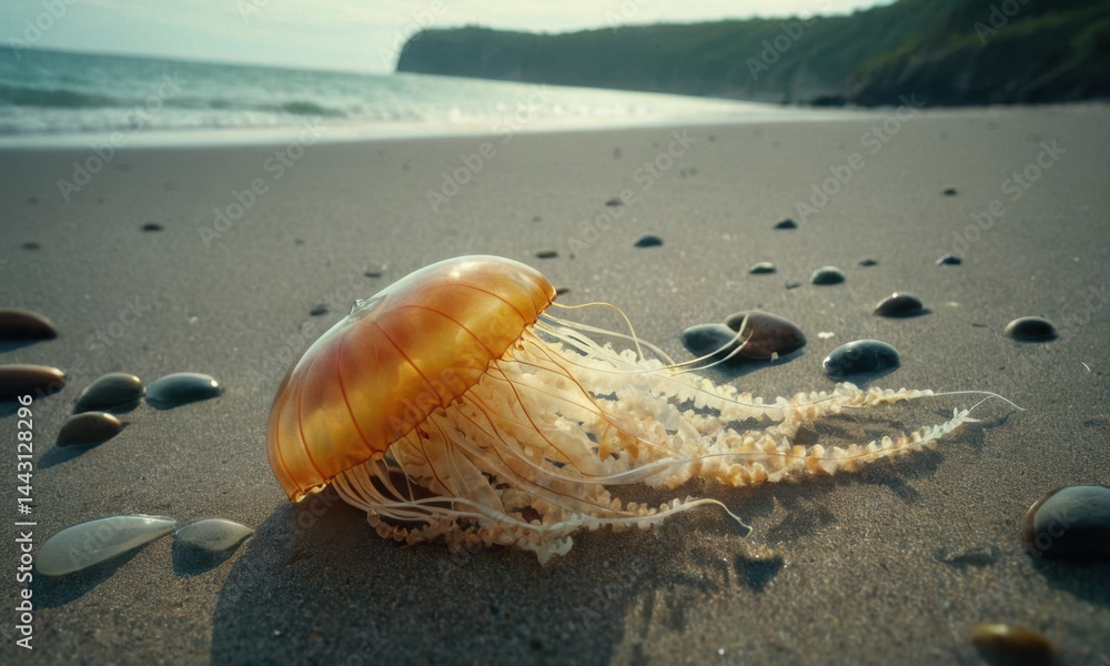 A lone jellyfish rests on a sandy beach beside the ocean