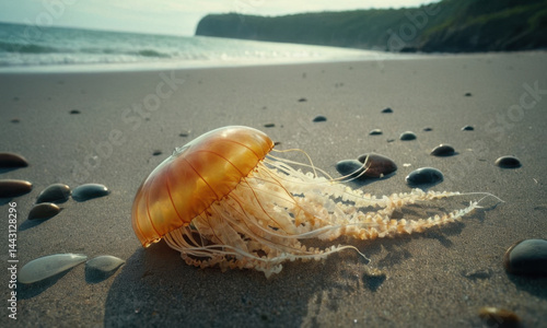 Obraz na płótnie A lone jellyfish rests on a sandy beach beside the ocean w salonie