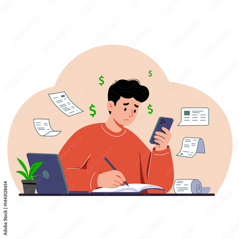 Flat vector cartoon of a young man writing in a notebook or checking expenses on his phone. His worried face and scattered receipts and bills highlight financial anxiety. Flat vector cartoon of a young man writing in a notebook or checking expenses on his phone. His worried face and scattered receipts and bills highlight financial anxiety.
