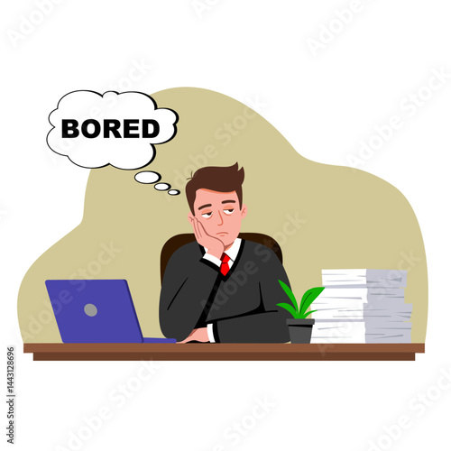 Flat vector cartoon of a bored young man at his office desk, resting his chin on his hand with a blank stare. Piles of paperwork emphasize the burnout and boredom theme. 