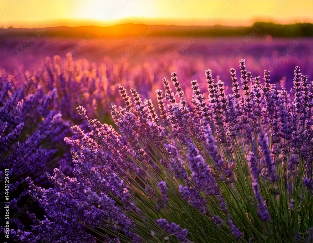Obraz premium Lavender flowers - Sunset over a summer purple lavender field . Bunch of scented flowers 