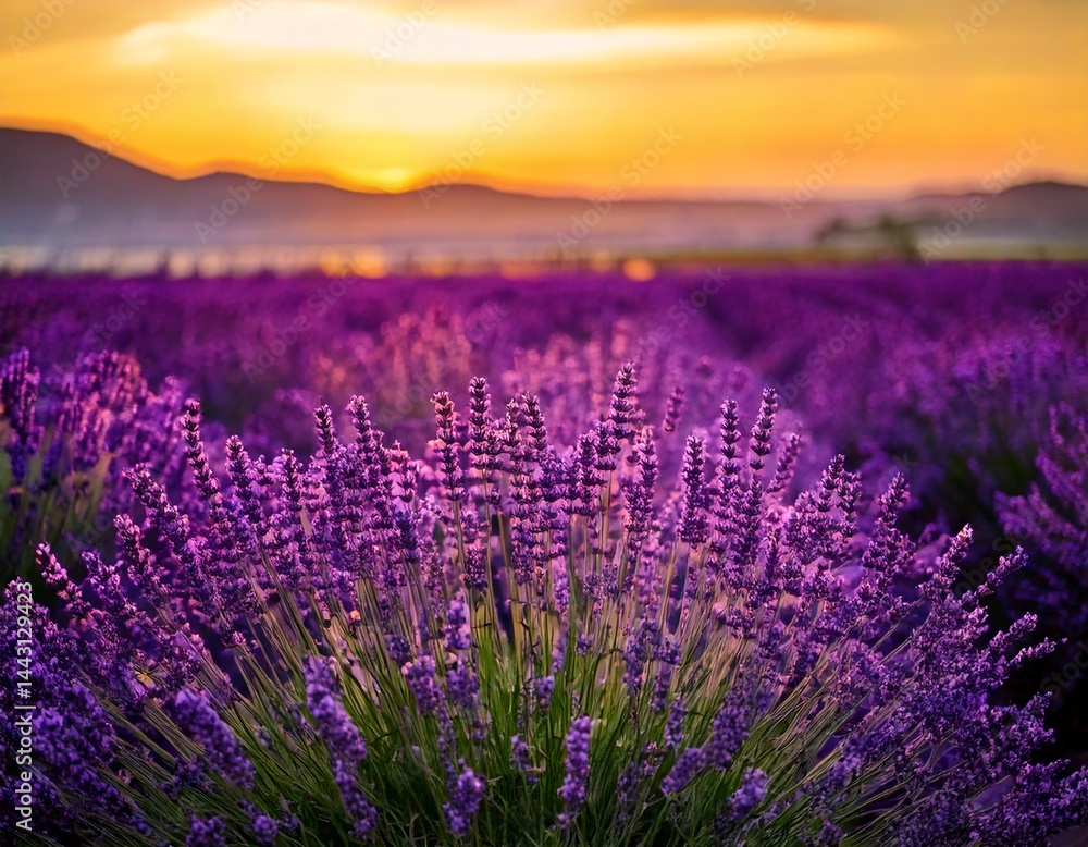 Naklejka premium Lavender flowers - Sunset over a summer purple lavender field . Bunch of scented flowers