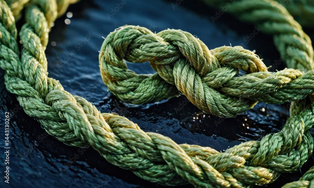 A close-up shot of a rope with a knot, suitable for use in various contexts such as adventure, outdoor, or crafting scenarios